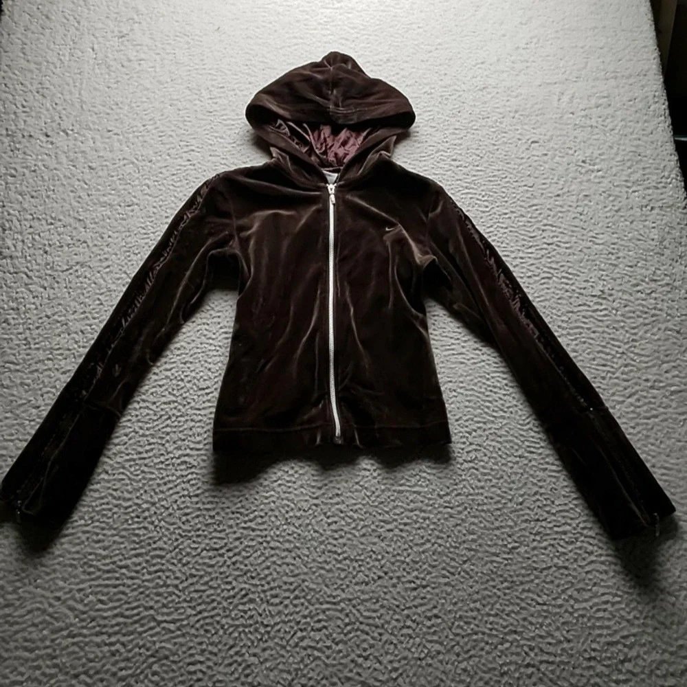 Nike Hoodie Womens Small Brown Velour Full Zip Embroidered Swoosh Logo Jacket